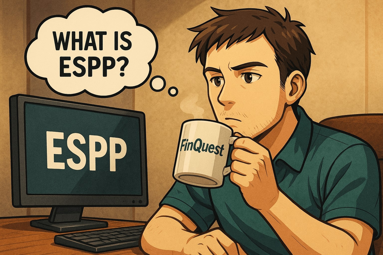 עובד בן 30 שותה קפה מכוס FinQuest וחושב מה זה ESPP, מול מסך מחשב