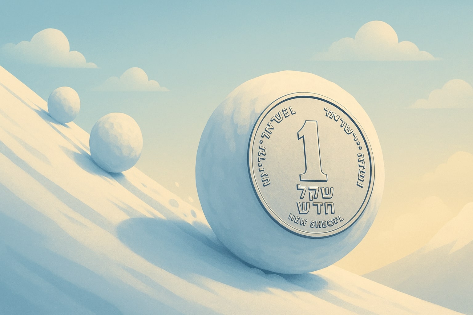 כדור שלג מתגלגל במדרון עם הטבעה של מטבע שקל, מדמה את הצמיחה של ריבית דריבית לאורך זמן