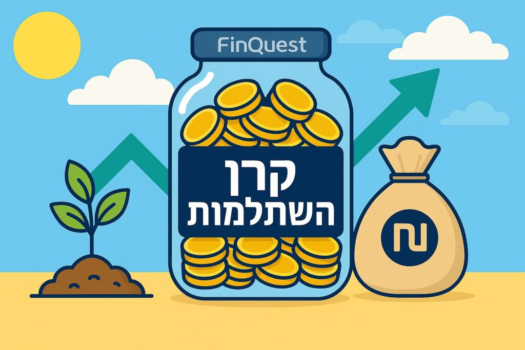 איור של מטבעות, קרן השתלמות, שק כסף וצמיחה – מייצג חיסכון ותשואה עם הטבות מס