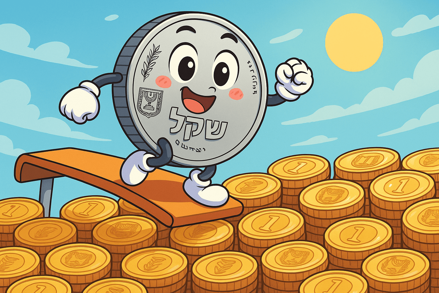 שקל מצויר מחייך עומד על מקפצה ביום שמשי, ברקע ערמה של מטבעות