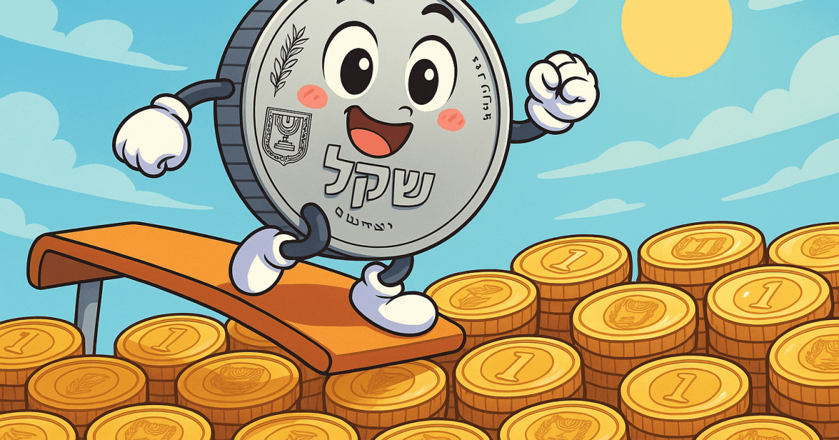 שקל מצויר מחייך עומד על מקפצה ביום שמשי, ברקע ערמה של מטבעות